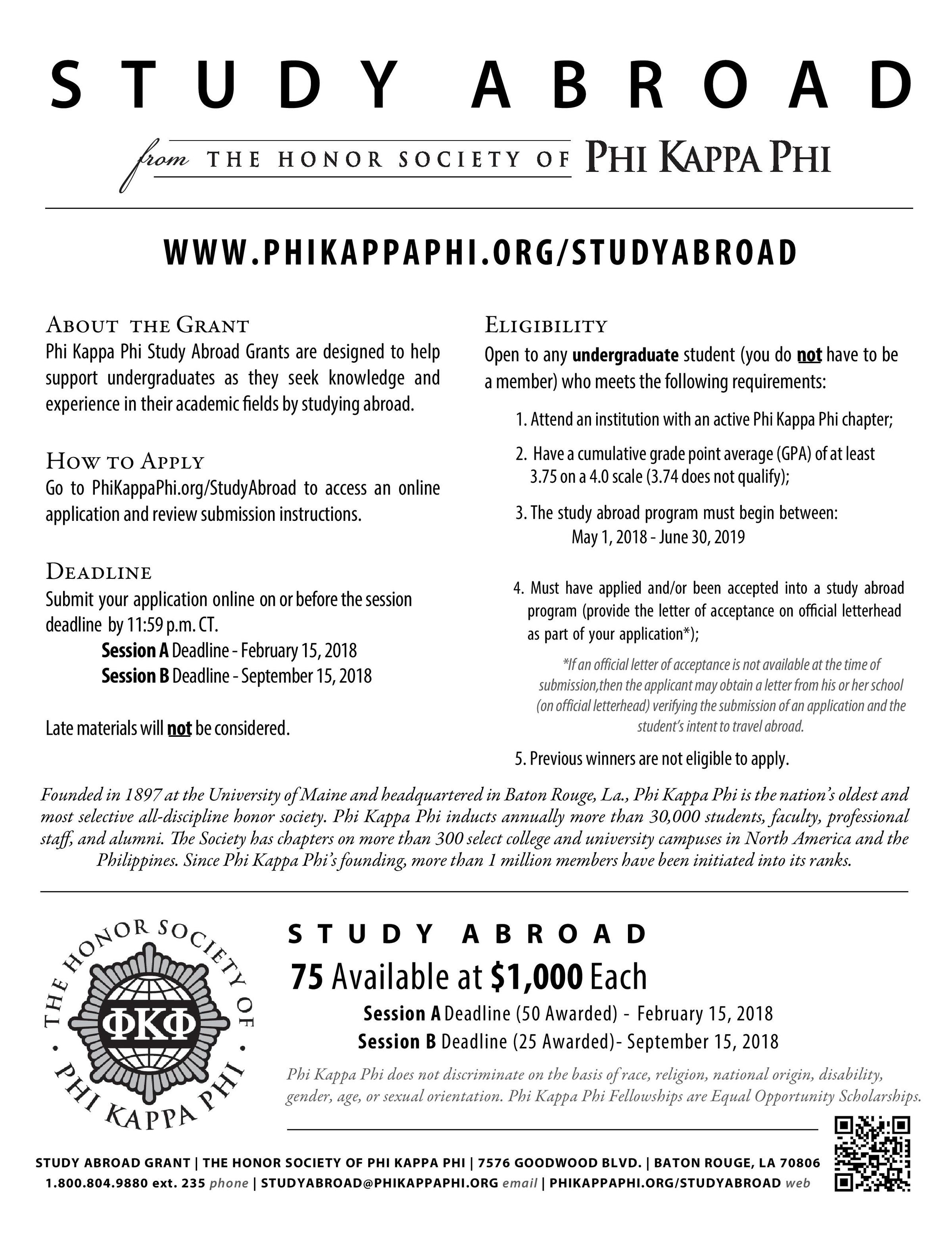Phi Kappa Phi Study Abroad Grant (membership not required 