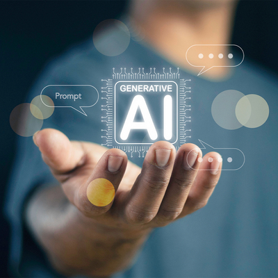 Man using technology generative AI for working tools. Chat with AI, using technology smart robot AI, artificial intelligence to generate something or Help solve work problems