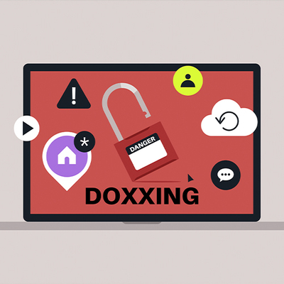 A laptop screen illustrates the dangers of doxxing with bold graphics and warning signs, Icons of security, risk, and internet privacy fill the display to convey urgency and awareness.