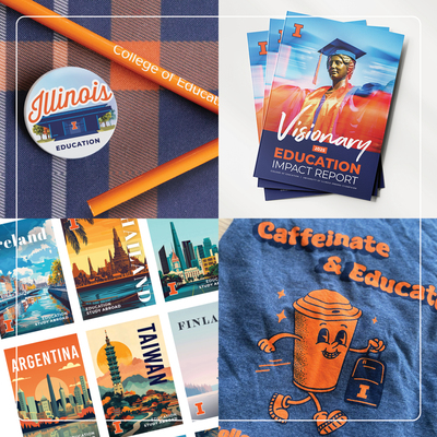 a graphic featuring products and publications designed by the COllege of Education marcom team