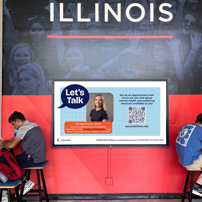 A digital sign in the college lobby