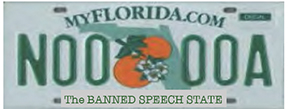 Florida license plate with motto "The Banned Speech State"