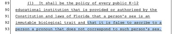 Excerpt from Florida HB 1069 false pronouns