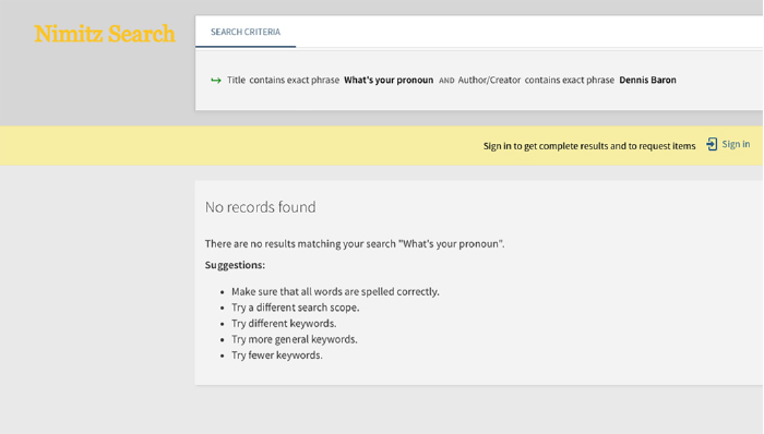 Search of Nimitz Library catalog for What's Your Pronoun: No results found