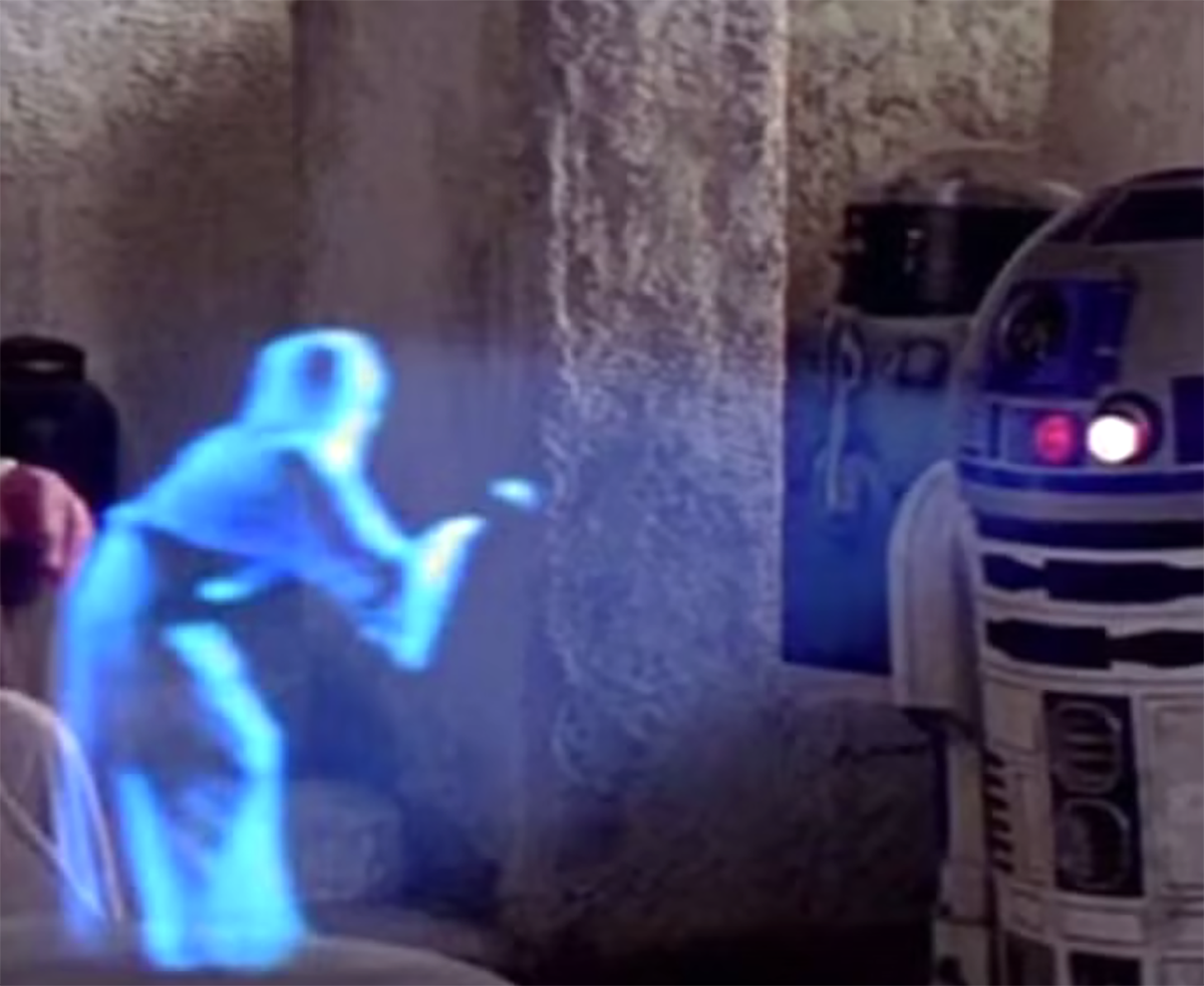 Still from original Star Wars of Princess Leia hologram saying Help me, Obi wan kenobe
