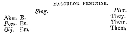 In 1841 Francis Brewster coined E, es, and em as masculor feminine pronouns