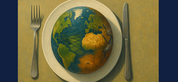 picture of a painting depicting Earth on a plate with knife and fork. no credits