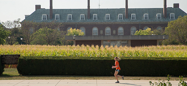 woman runs past the Morrow Plots on the U. of I. campus in 2018. Photo by Brian Stauffer