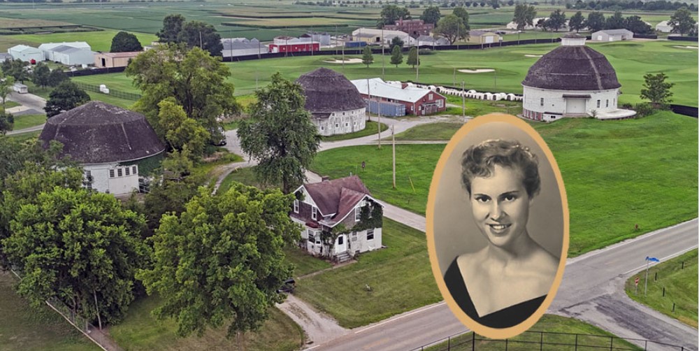 Leah Wightman's college photo overlaid on a current view of the U. of I.'s round barns