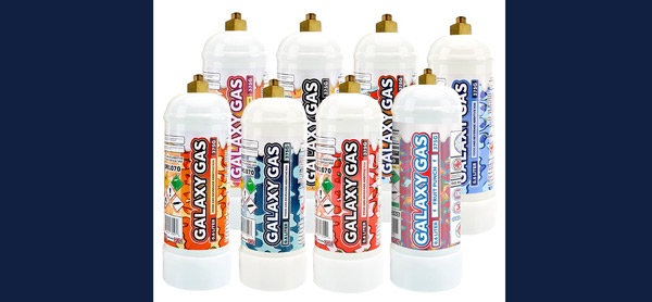 Canisters of Galaxy Gas, a nitrous oxide product often carried by smoke shops and online sellers. (Credit: Galaxy Gas)