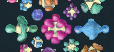 With atomic stenciling, researchers have made a variety of patterned patchy nanoparticles with new shapes and properties. Illustration by Maayan Harel