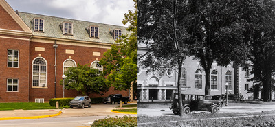 current and histoic photos of the exterior of Huff Hall