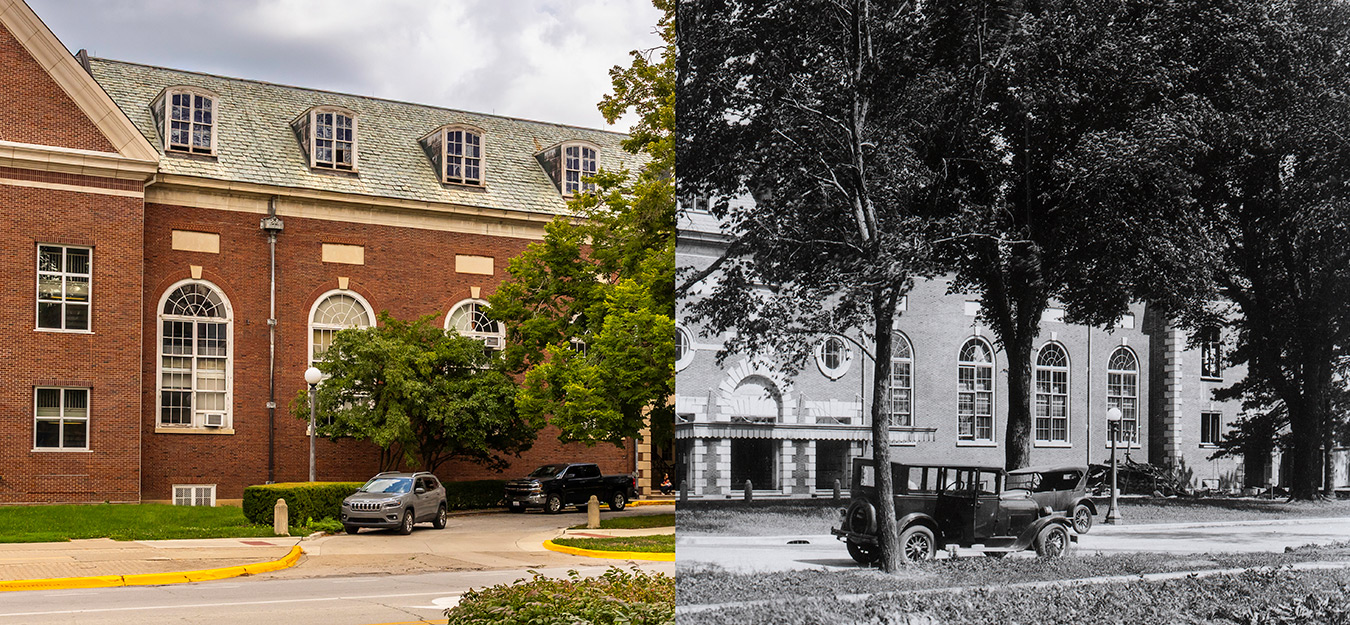 current and histoic photos of the exterior of Huff Hall