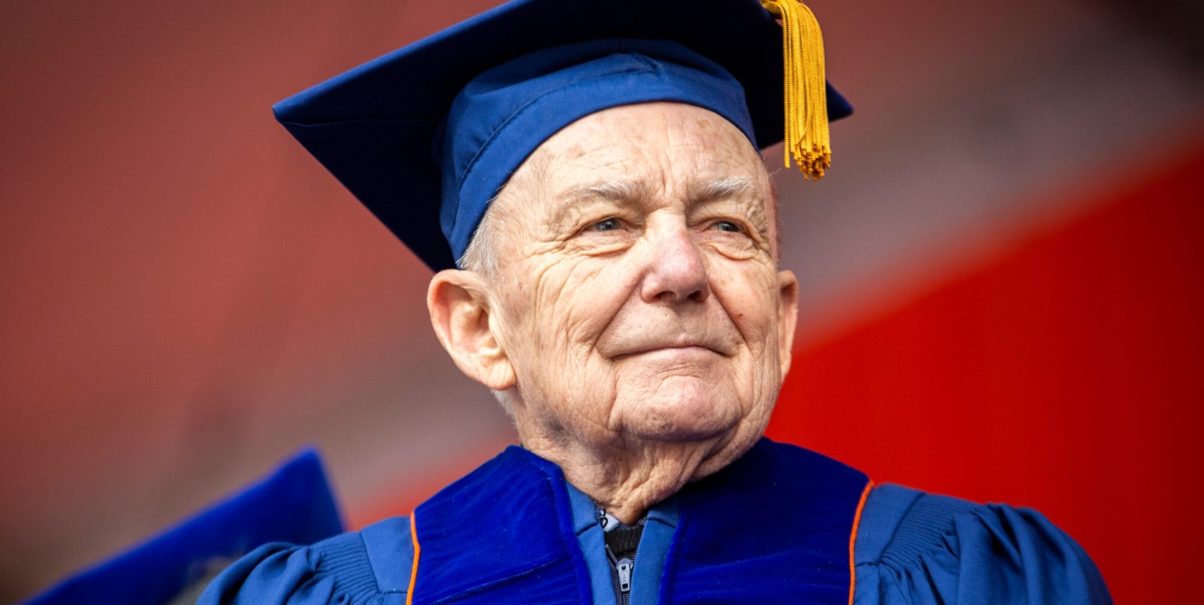 Chancellor emeritus Michael T. Aiken receives an honorary degree of Doctor of Science and Letters during commencement 2019. Aiken, the 6th chancellor of the university, died on August 25, 2025. Photo by Fred Zwicky.