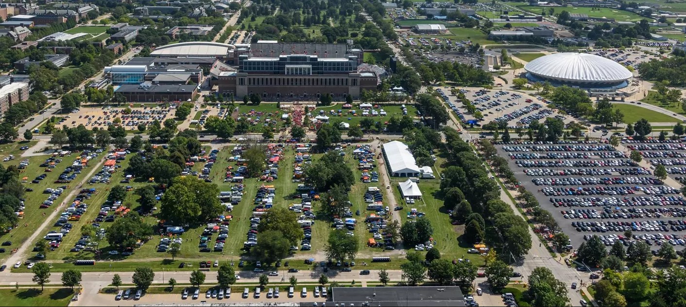aerial shot of Memorial Stadium, State Farm Center and the surrounding parking lots