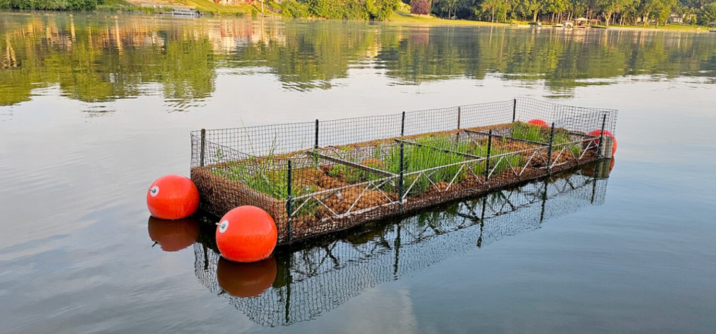 Various wetland plant species are planted in a carefully arranged pattern. As the plants grow, their roots sprout new shoots that spread through the coir into the surrounding water. Photo courtesy City of Decatur