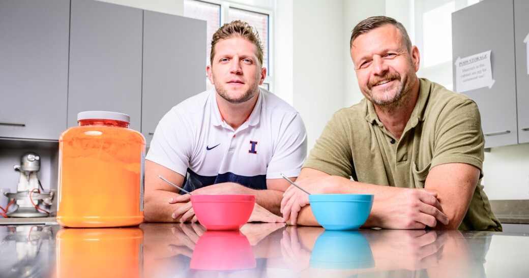 Graduate student Žan Zupančič, left, health and kinesiology professor Nicholas Burd and their colleagues found that processing high-protein whole foods may alter the foods’ muscle-building potential in unexpected ways. Photo by Fred Zwicky