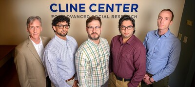 The Cline Center for Advanced Social Research team. From left: Scott Althaus, director and the Merriam Professor of Political Science at Illinois; Ajay Singh, postdoctoral research associate; Jay Jennings, research scientist; Michael Martin, research coordinator; and Joseph Bajjalieh, research manager. Not pictured: Jennifer K. Robbennolt, the Alice Curtis Campbell Professor of Law at Illinois. Photo by Fred Zwicky