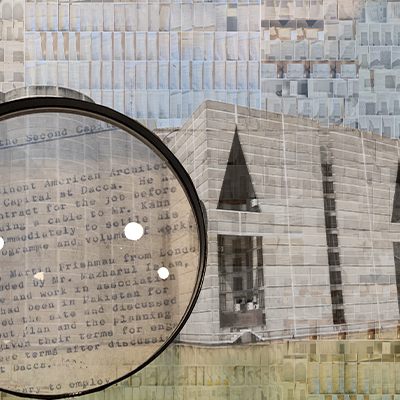 Architecture montage with looking glass