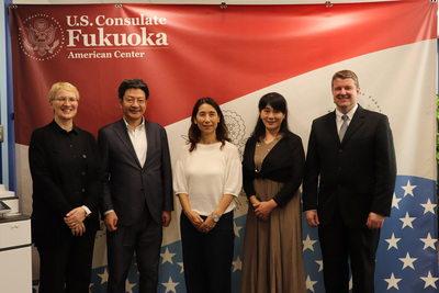 (From left to right) Natalie Konomi, the vice president for International Affairs at Kyushu University; Kenji Iwata, the executive vice president for International Affairs at Kyushu University; Mako Nakamura, professor of agriculture at Kyushu University; Hiroko Kita, assistant professor of agriculture at Kyushu University; and Dr. Matt Rosenstein, director of GET pose for a photo following a July 12 Partnership Dialogue Series hosted by Kyushu University.
