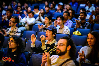 Audience members react to a performance during the 2026 Global Talent Show inside Foellinger Auditorium on Sept. 29. (Photo by Fred Zwicky / University of Illinois Urbana-Champaign)