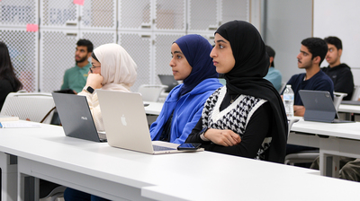 Omani students sit and listen during a meeting inside the Siebel Center for Design on Oct. 27, 2023.