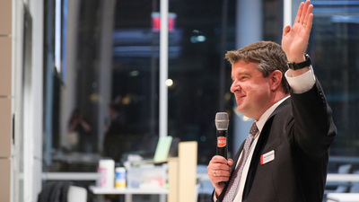 GET Director Matt Rosenstein, gives a speech during a Fulbright Fellow welcome reception on Feb. 6 inside the Siebel Center for Design.