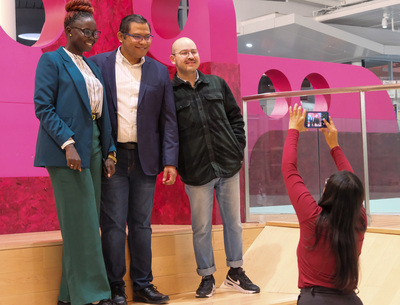 Several Fulbright Fellows pose for a photo following a welcome reception held in their honor on Feb. 6 inside the Siebel Center for Design.