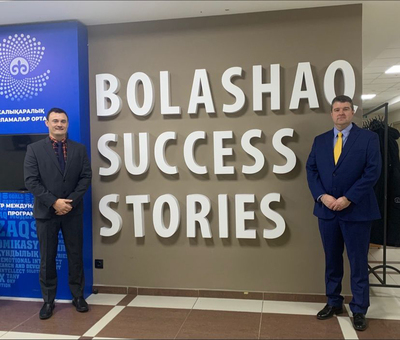 GET Director Matt Rosenstein and Grant Brewer, GET Associate Director for Strategic Initiatives, pose for a photo during their visit to Kazakhstan in November 2023. They were participating in the “Bolashak: Strategic Partnership and Cooperation” forum, which celebrated the 30th anniversary of the Bolashak program.