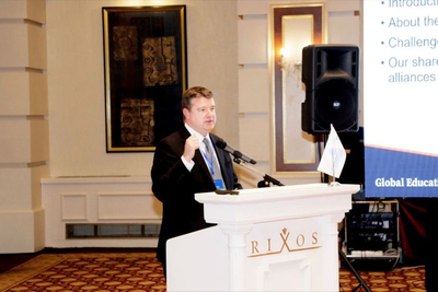 GET Director Matt Rosenstein presents at the “Bolashak: Strategic Partnership and Cooperation” forum in Kazakhstan in November 2023. The forum celebrated the 30th anniversary of the Bolashak program.