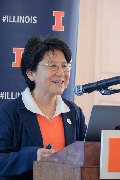 Prof. Joyce Yen Feng, the recipient of the 2026 Madhuri and Jagdish N. Sheth International Alumni Award for Exceptional Achievement, stands at the podium during the 2026 Sheth Distinguished Alumni Lecture on April 28.