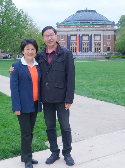 Prof. Joyce Yen Feng (left), the recipient of the 2026 Madhuri and Jagdish N. Sheth International Alumni Award for Exceptional Achievement, stands next to her husband, Richard Li Cheng Chang, in front of Foellinger Auditorium following the 2026 Sheth Distinguished Alumni Lecture on April 28. Feng and Chang were recreating a photo taken of them in the 80s.