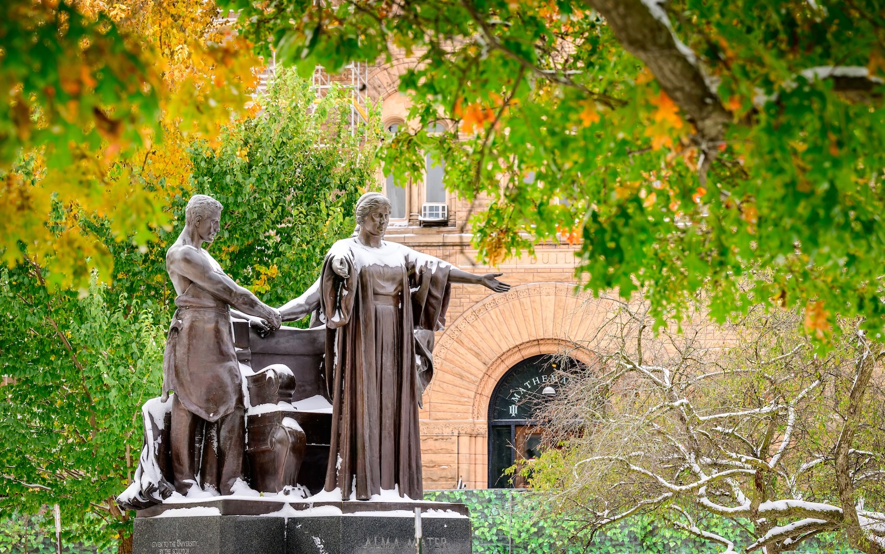 alma mater covered in snow