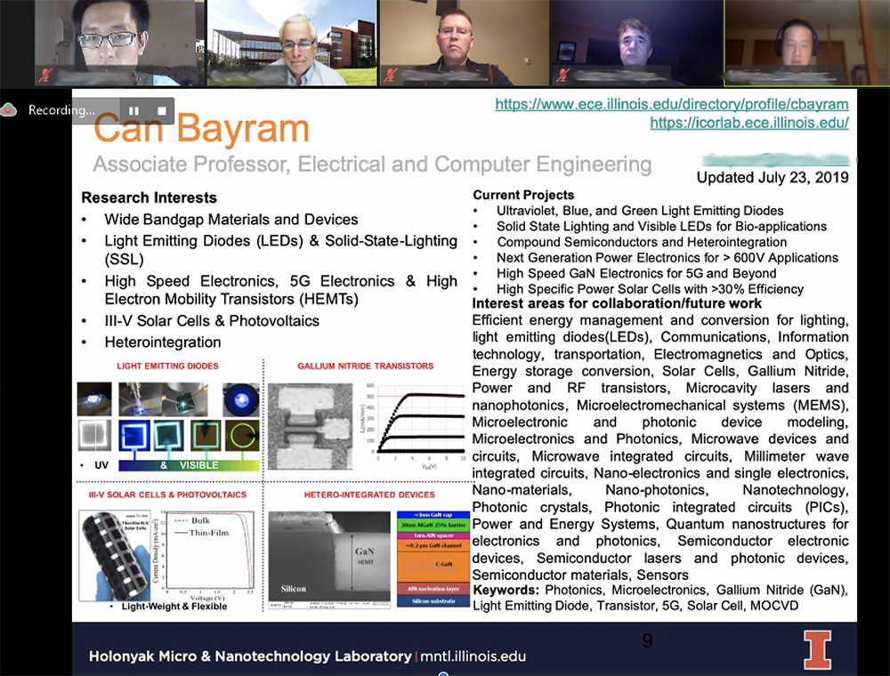 A webinar slide showing research interests in LEDs, solar cells, high-speed electronics, and nanotechnology during a GET co-curricular session.