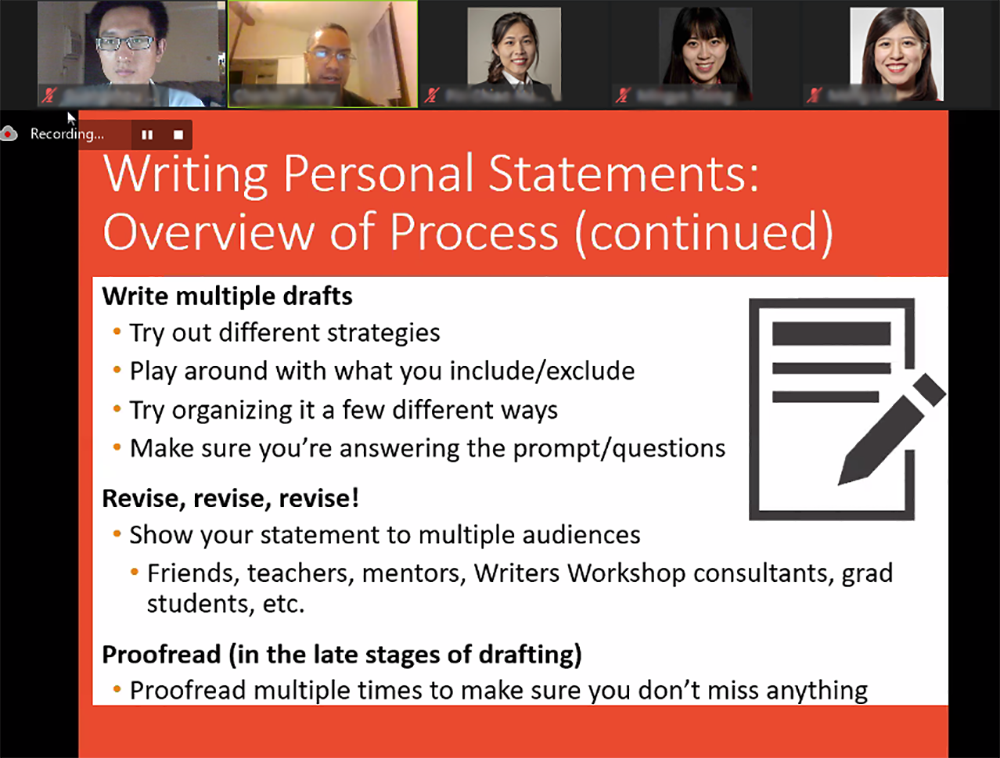 A presentation slide titled "Writing Personal Statements: Overview of Process (continued)." shared during a GET co-curricular session focused on graduate school preparation