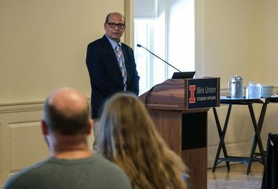 Luis Canales, Associate Provost for Illinois International, speaks during a closing reception for the UJ FPP and AAMP program on April 22 inside the Illini Union.