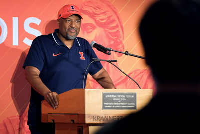 Charles L. Isbell Jr., the new University of Illinois Urbana-Champaign chancellor, gives a speech during the New International Student Welcome Reception and Resource Fair on August 21, 2025, inside the Krannert Center for Performing Arts.
