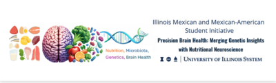 Banner-style graphic promoting the Illinois Mexican and Mexican-American Student Initiative. On the left, a split illustration shows a human brain surrounded by various foods, including fruits, vegetables, fish, grains, and water, symbolizing diet and health. Nearby, colorful icons represent microbiota and nutrients, alongside a DNA double helix. The words “Nutrition, Microbiota, Genetics, Brain Health” appear in colored text. On the right, the title reads “Precision Brain Health: Merging Genetic Insights with Nutritional Neuroscience,” with University of Illinois System logos and name displayed below.
