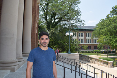 Nicolas Rodriguez poses in front of Foellinger Hall