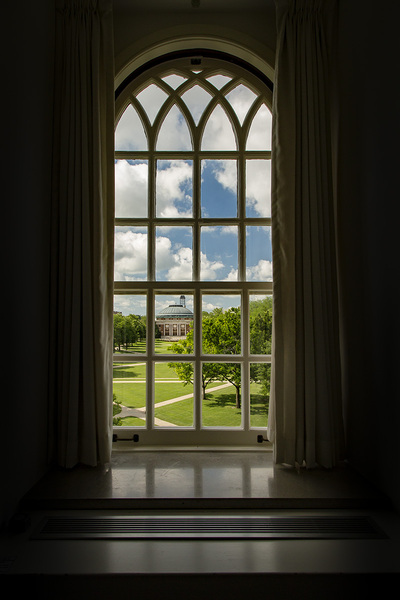 Photo of a window framing the Foellinger Hall