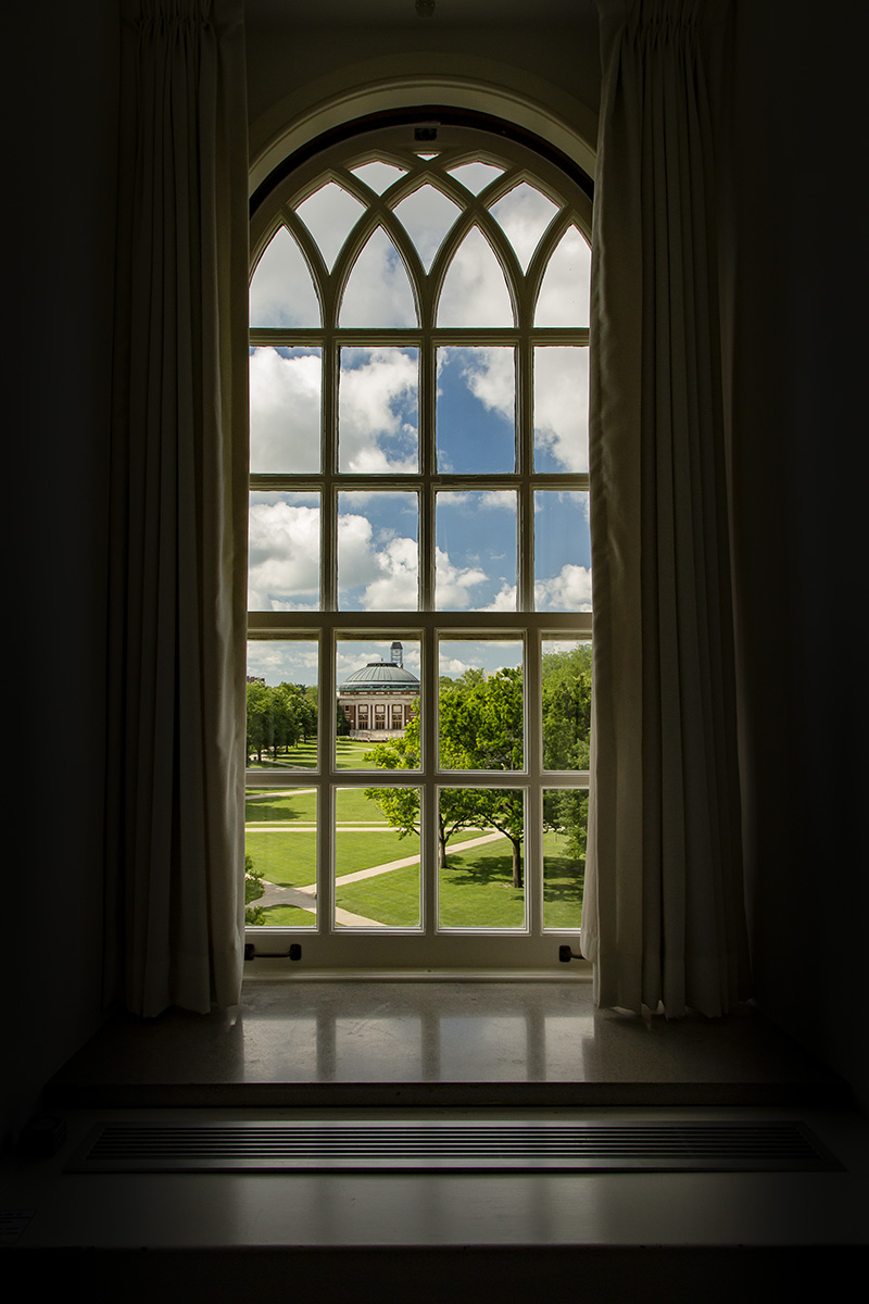 Photo of a window framing the Foellinger Hall