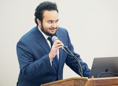 Mohammed Sami A Kattoa says a few words after presenting a video he shared during the May 18 KAUST recognition ceremony inside the I Hotel.
