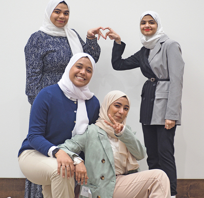 (Back left to right) Renad Emad A Abulfaraj, Fatimah Anwar A Al Nasfan, (front left to right) Hitaf Mousa A Alsaffar, and Jood Osama A Ali pose for a photo after the May 18 KAUST ceremony inside the I Hotel.