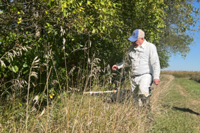 A man dragging a sheet through dry grass.