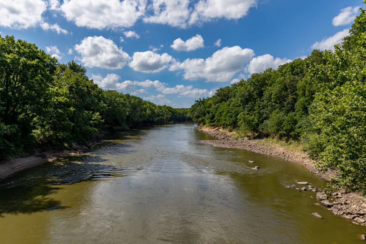 River with greenish-colored water lined by trees.