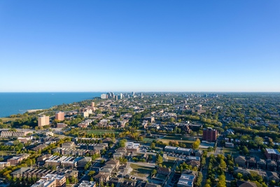 Aerial image shows Chicago's south side and Lake Michigan.