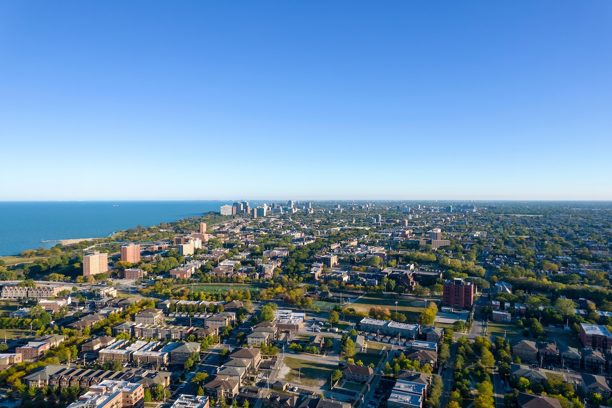 Aerial image shows Chicago's south side and Lake Michigan.