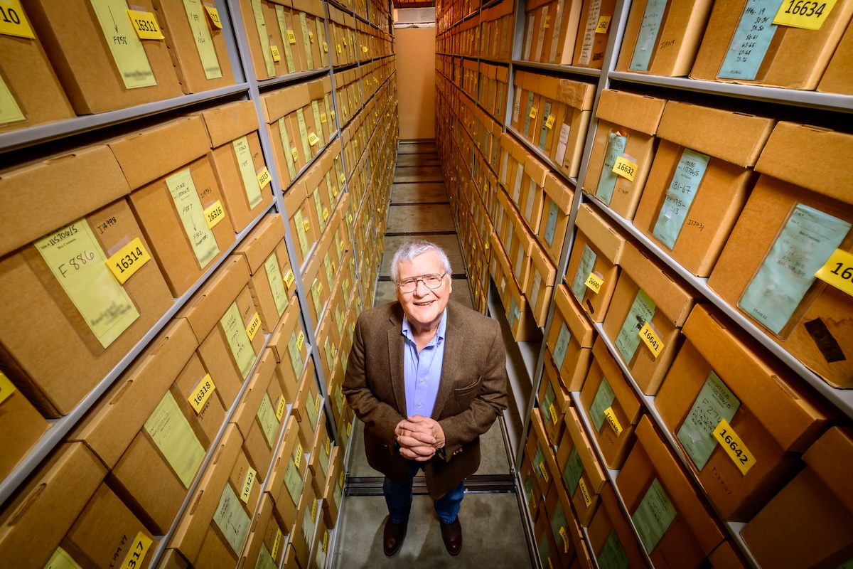 Archaeologist Emerson looks up from the IDOT Curation facility on the Illinois campus.