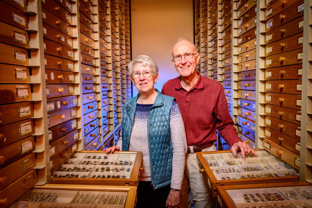 Bill and Cindy Ruesink stand between shelves of insect drawers.