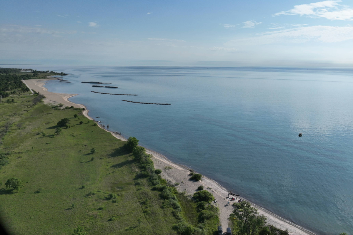 Aerial view of the Lake Michigan coast on a summer day with green inland vegetation, a sandy shore, and clear blue water.